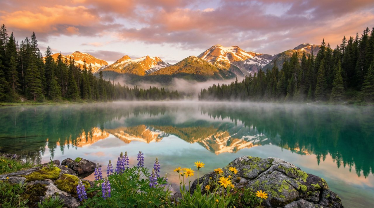 夕暮れの山々と湖畔