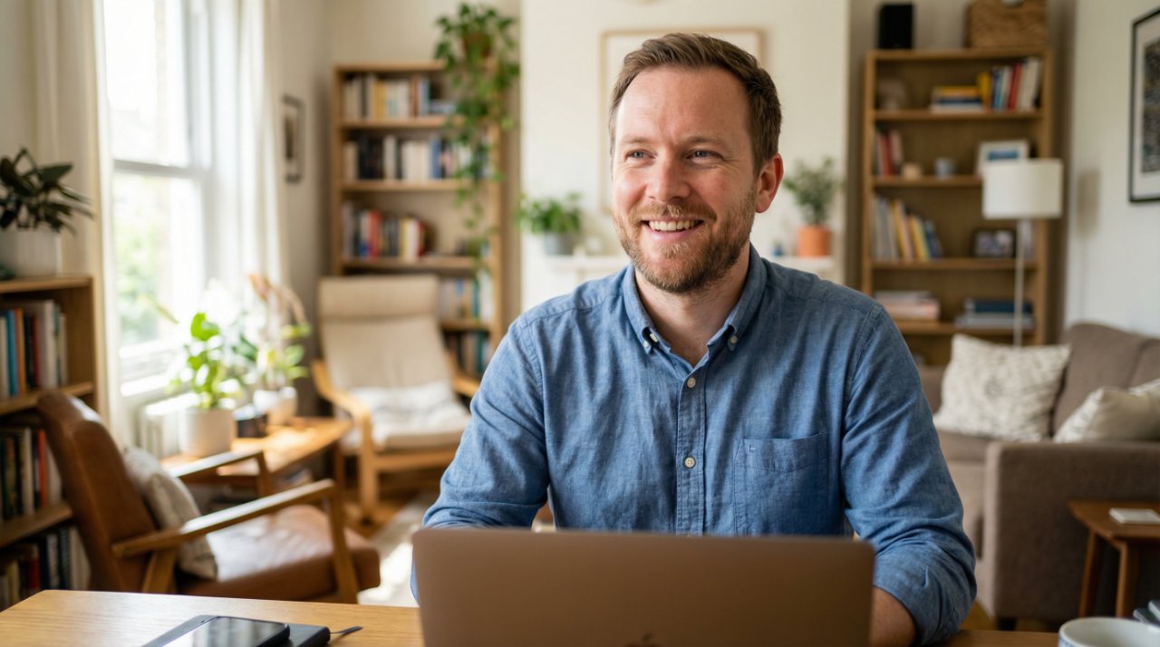 ノートパソコンと笑顔な男性