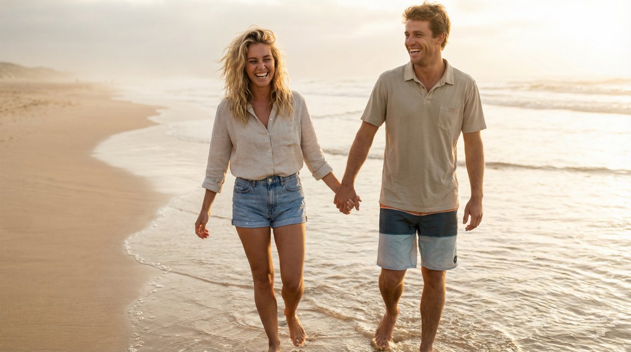 浜辺で手をつなぐカップル