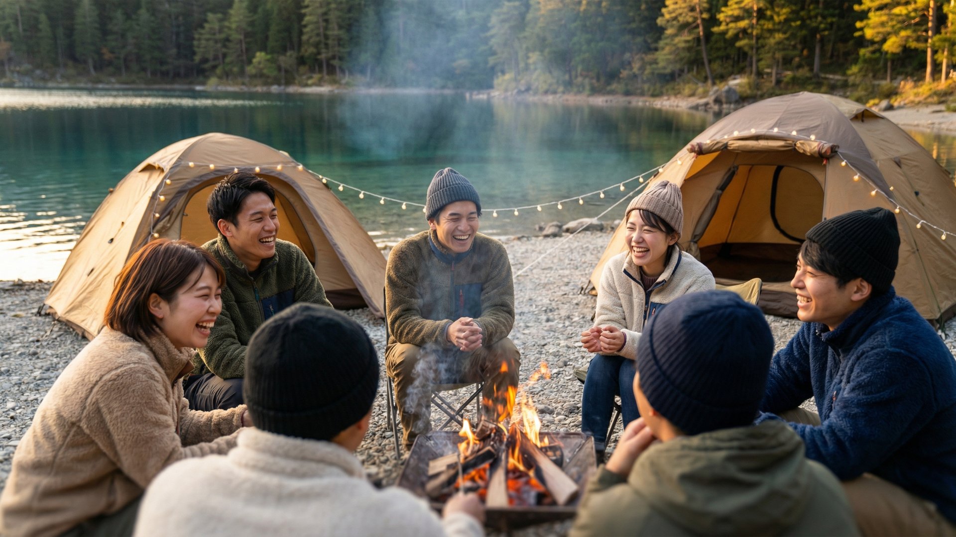 キャンプで談笑するグループ