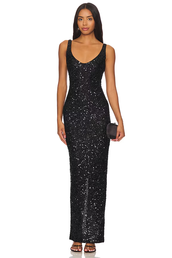 NBD Janhvi Maxi Dress in Black, full-length front view