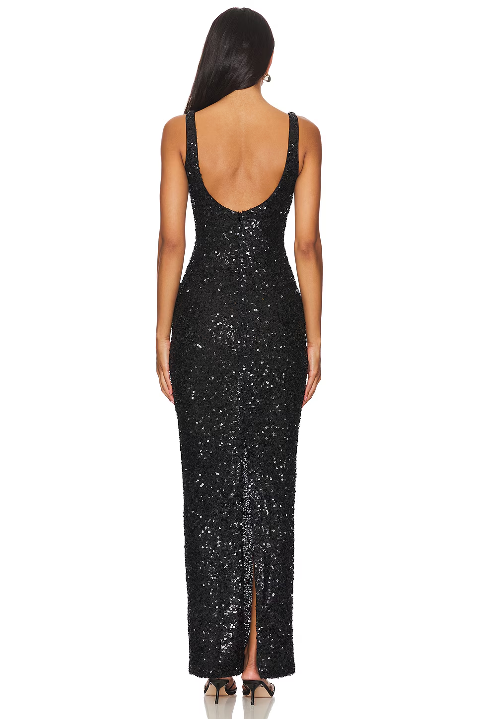 Black Janhvi Maxi Dress, full-length back view showing low back and rear slit