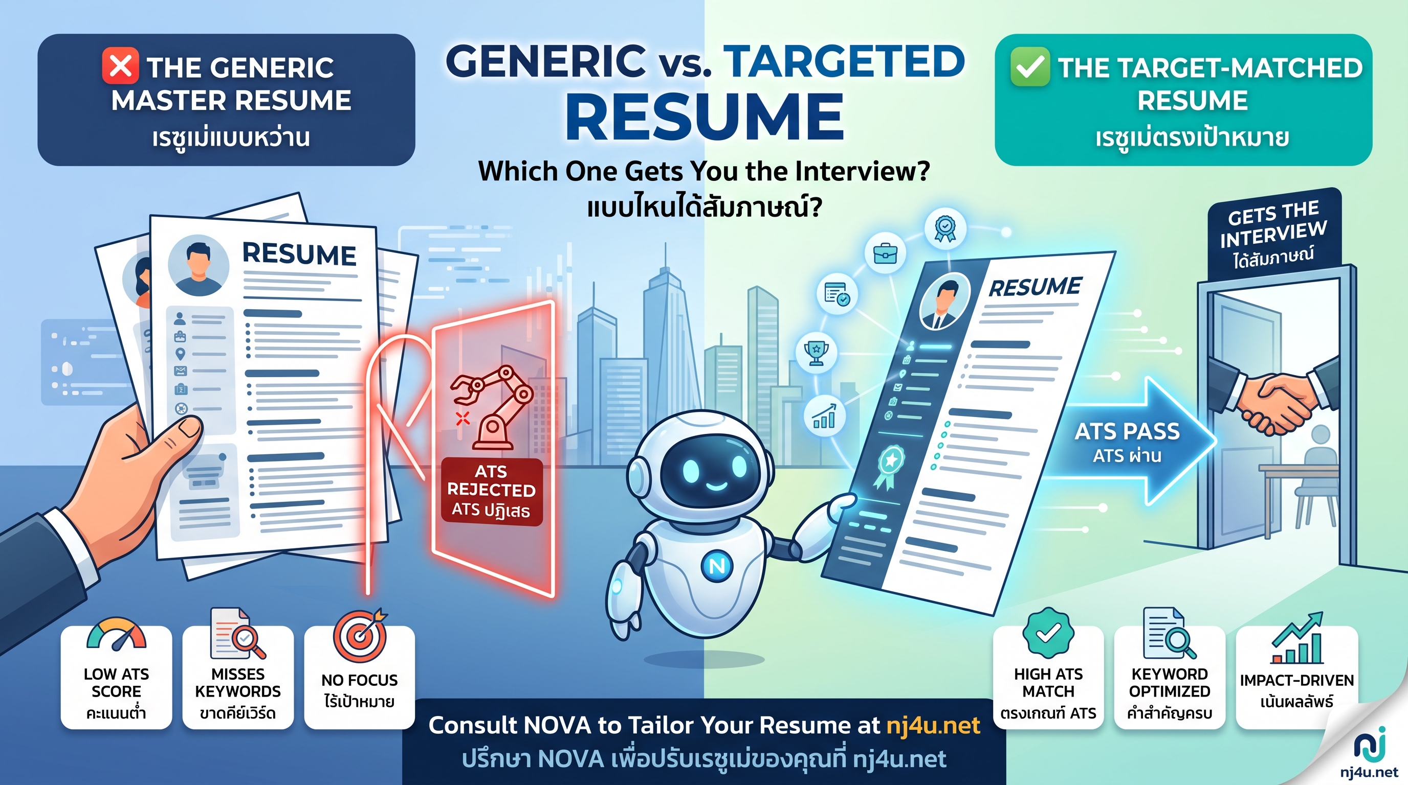 An infographic illustration contrasting an unfocused master resume failing ATS screening with a tailored, keyword-optimized resume leading to a job interview via nj4u.net.