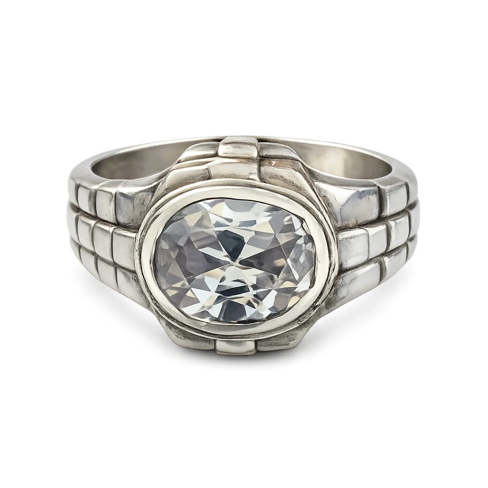 Classic Silver Ring with Clear Faceted Stone - Image 1