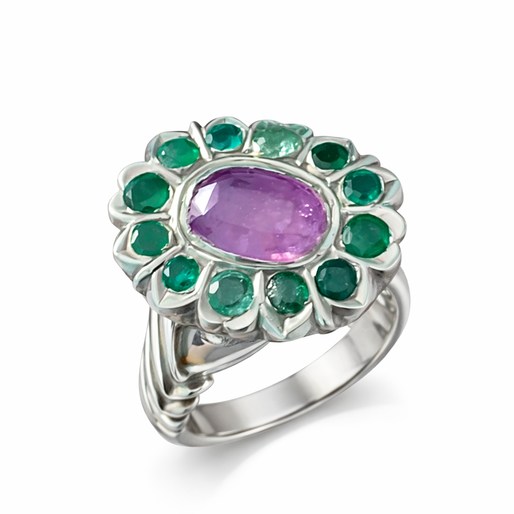 Custom Ruby and Emerald Halo Ring thumbnail 2