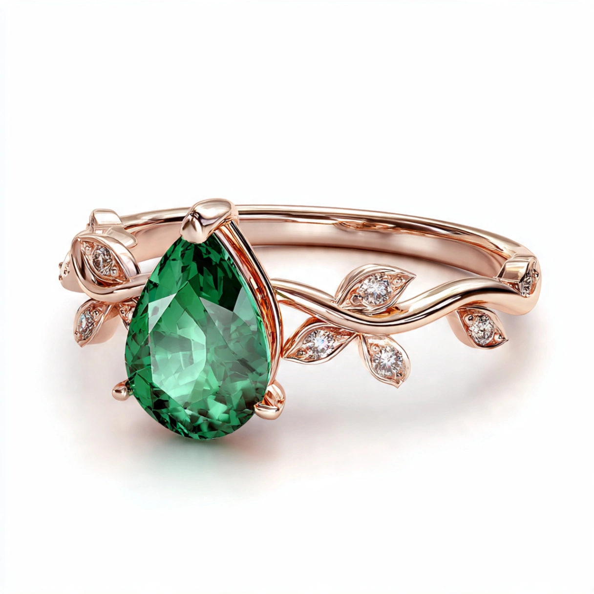 Elegant Pear-Cut Emerald Ring with Floral Diamond Accent thumbnail 2