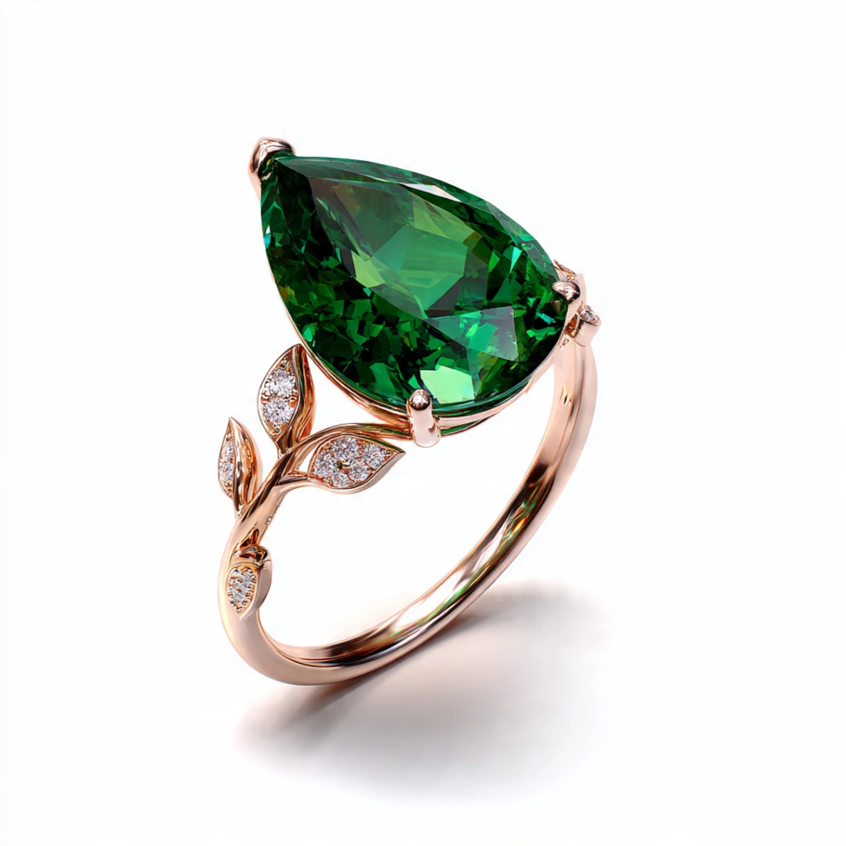 Elegant Pear-Cut Emerald Ring with Floral Diamond Accent thumbnail 3