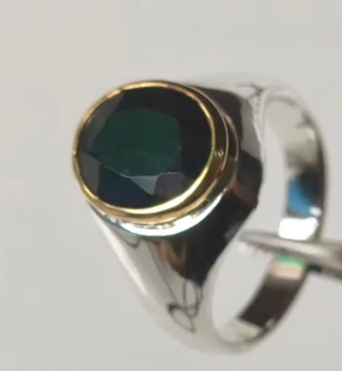 Sapphire Sterling Silver Ring With Gold Colour Rhodium Plated Bezel thumbnail 4
