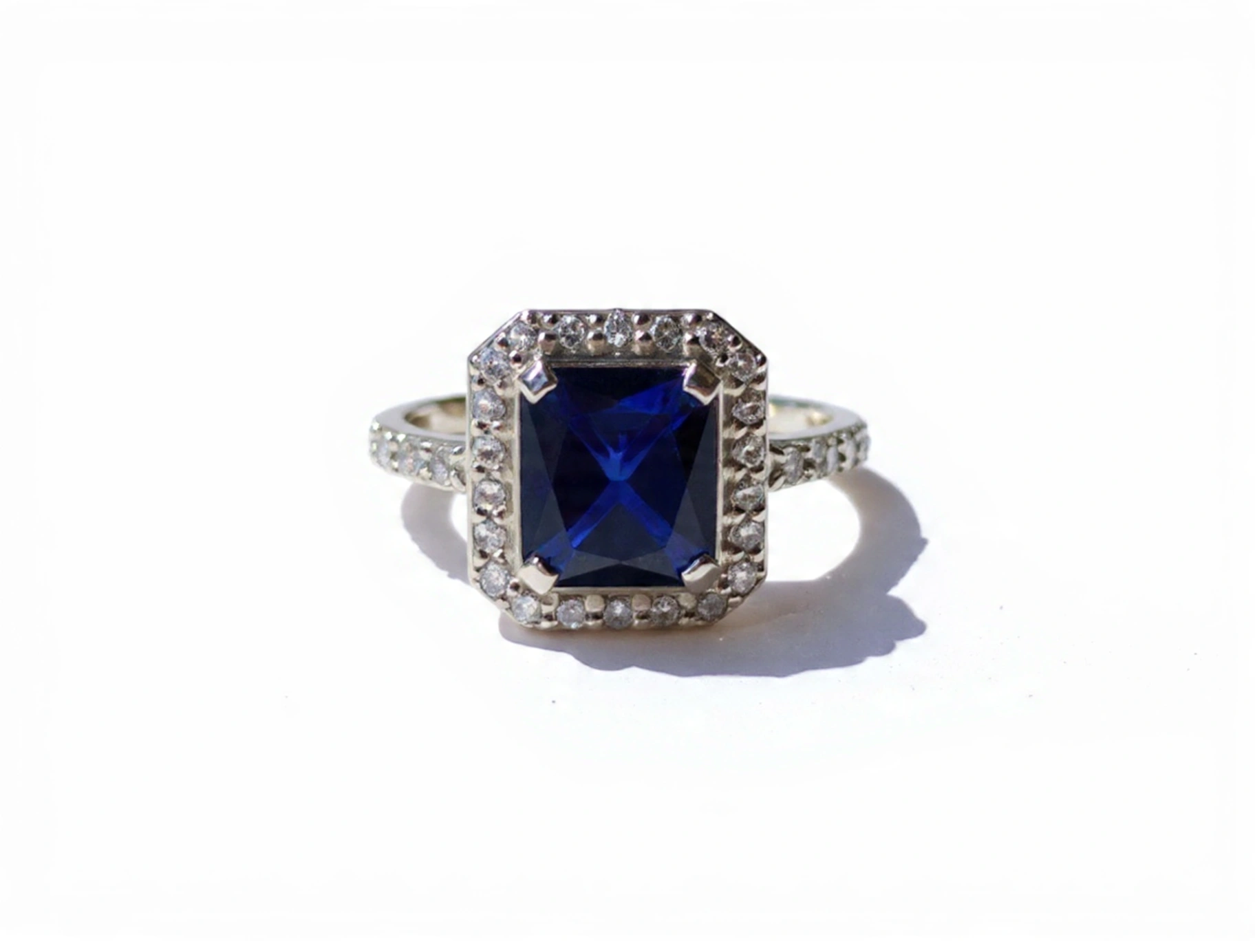 Blue Sapphire Sterling Silver Halo-Solitaire Ring thumbnail 2