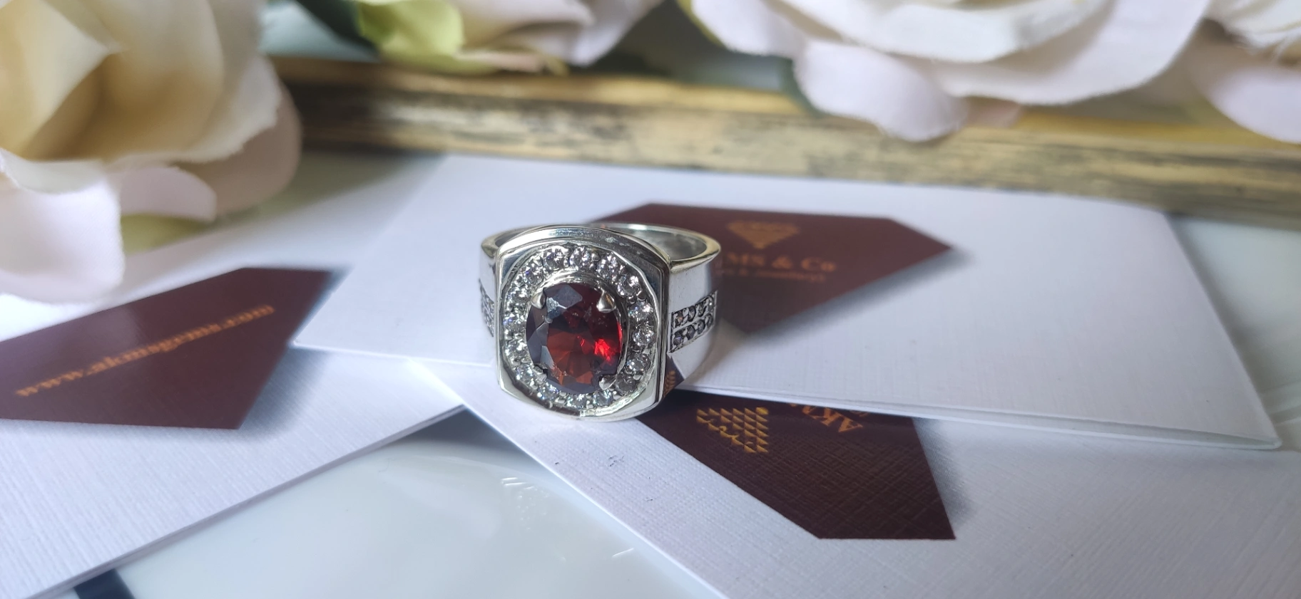 Garnet Halo Sterling Silver Ring thumbnail 5