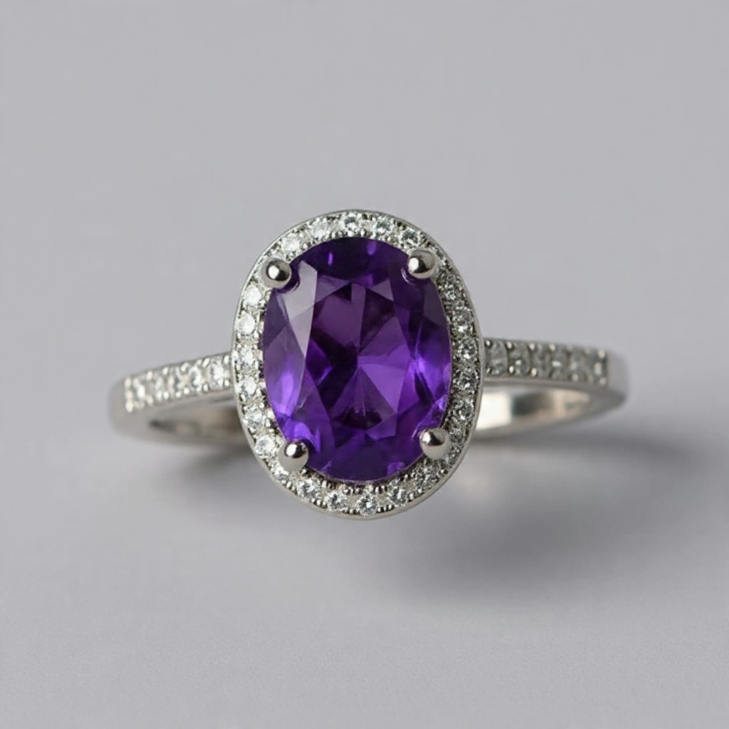 Amethyst Halo-Solitaire ring for women 