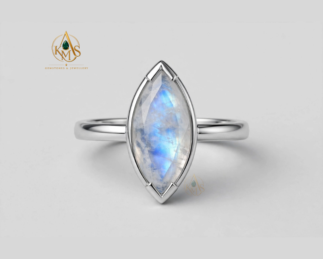 Marquise Cut Blue Moonstone V-tip prong solitaire Ring