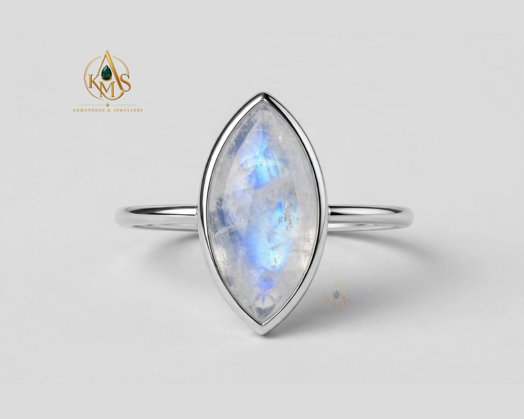 Marquise Cut Blue Moonstone Classic thin bezel solitaire Ring