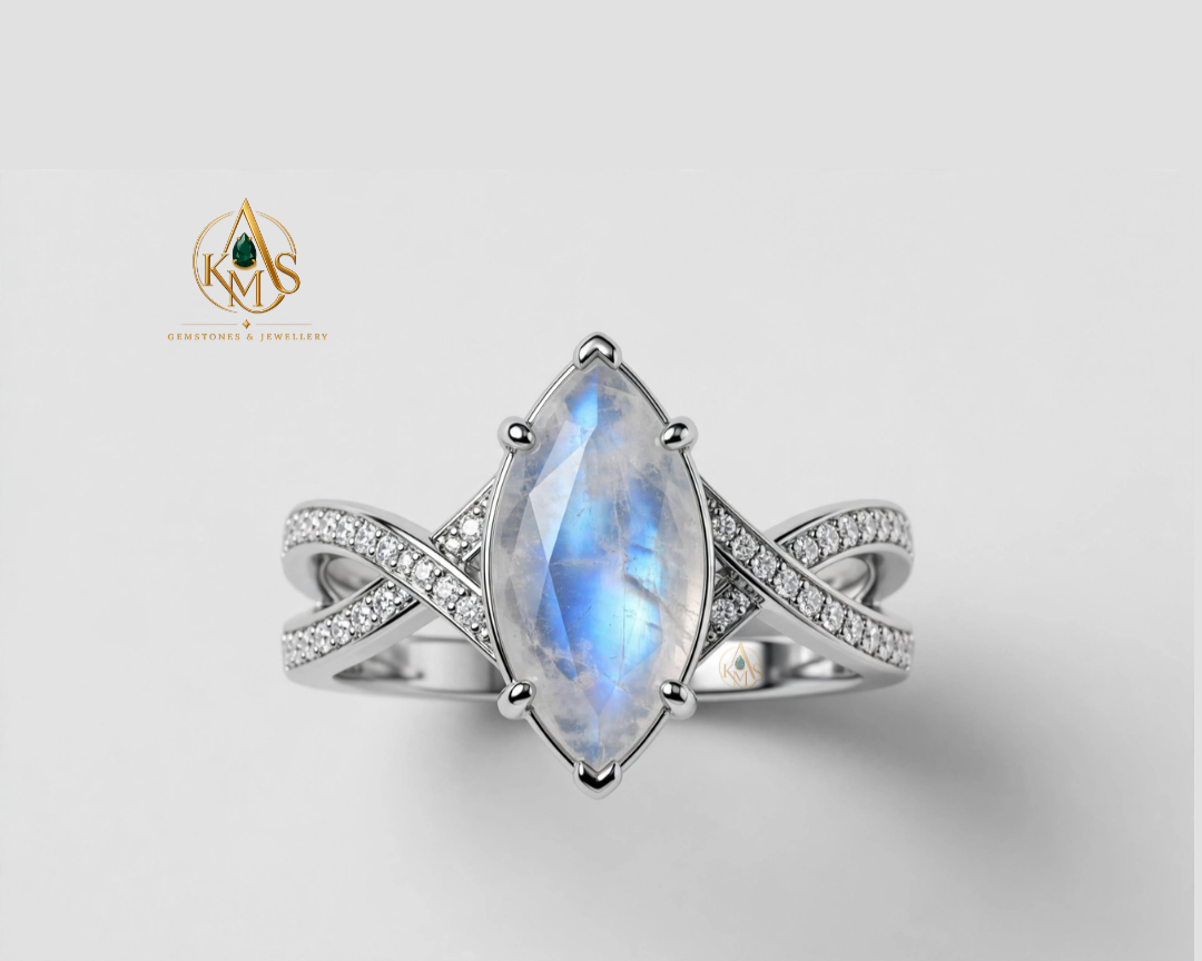 Marquise Cut Blue Moonstone Bypass with pave shoulders Ring