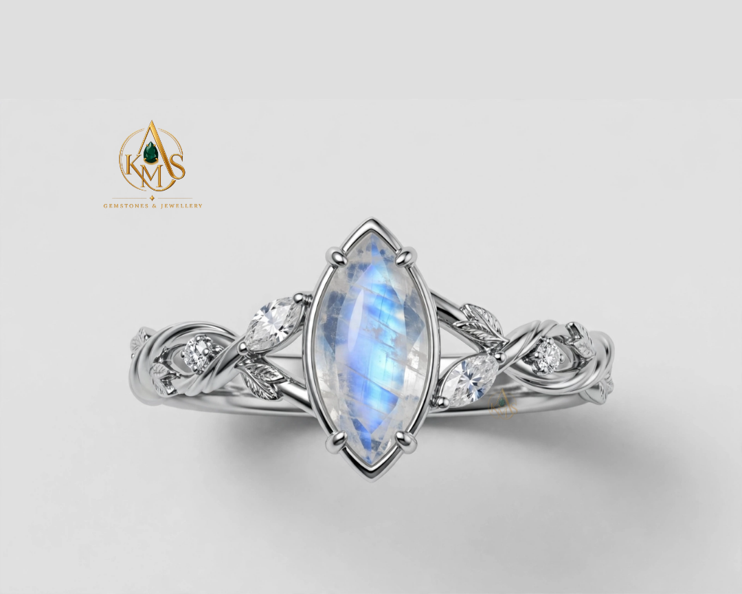 Marquise Cut Blue Moonstone Twist with side diamonds Ring