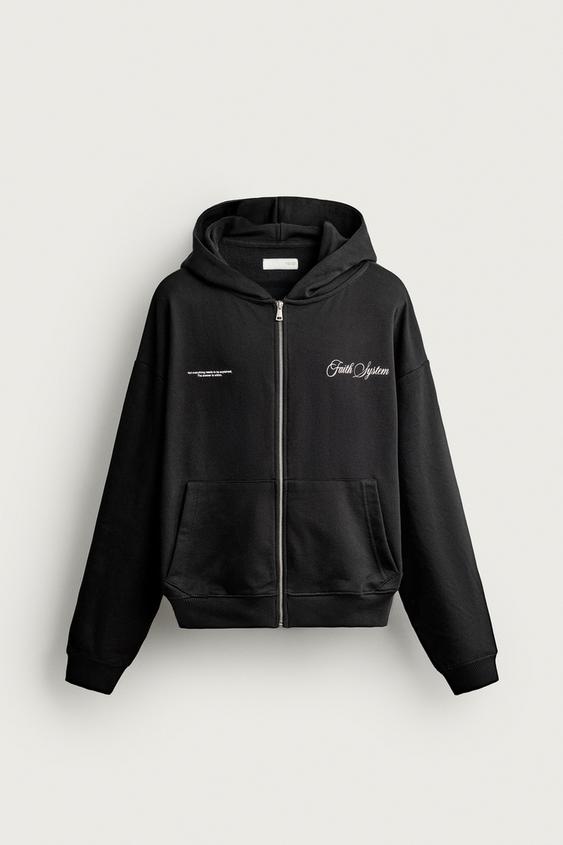 Baskılı Fermuarlı Kapüşonlu Sweatshirt