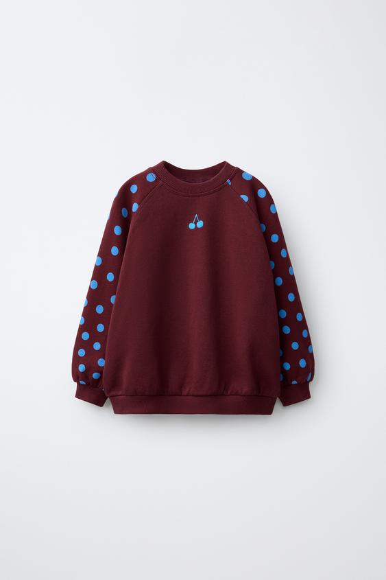 Puantiye Desenli Kiraz İşlemeli Sweatshirt