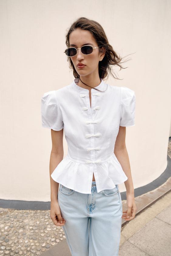 Süslü Düğmeli Peplum Gömlek