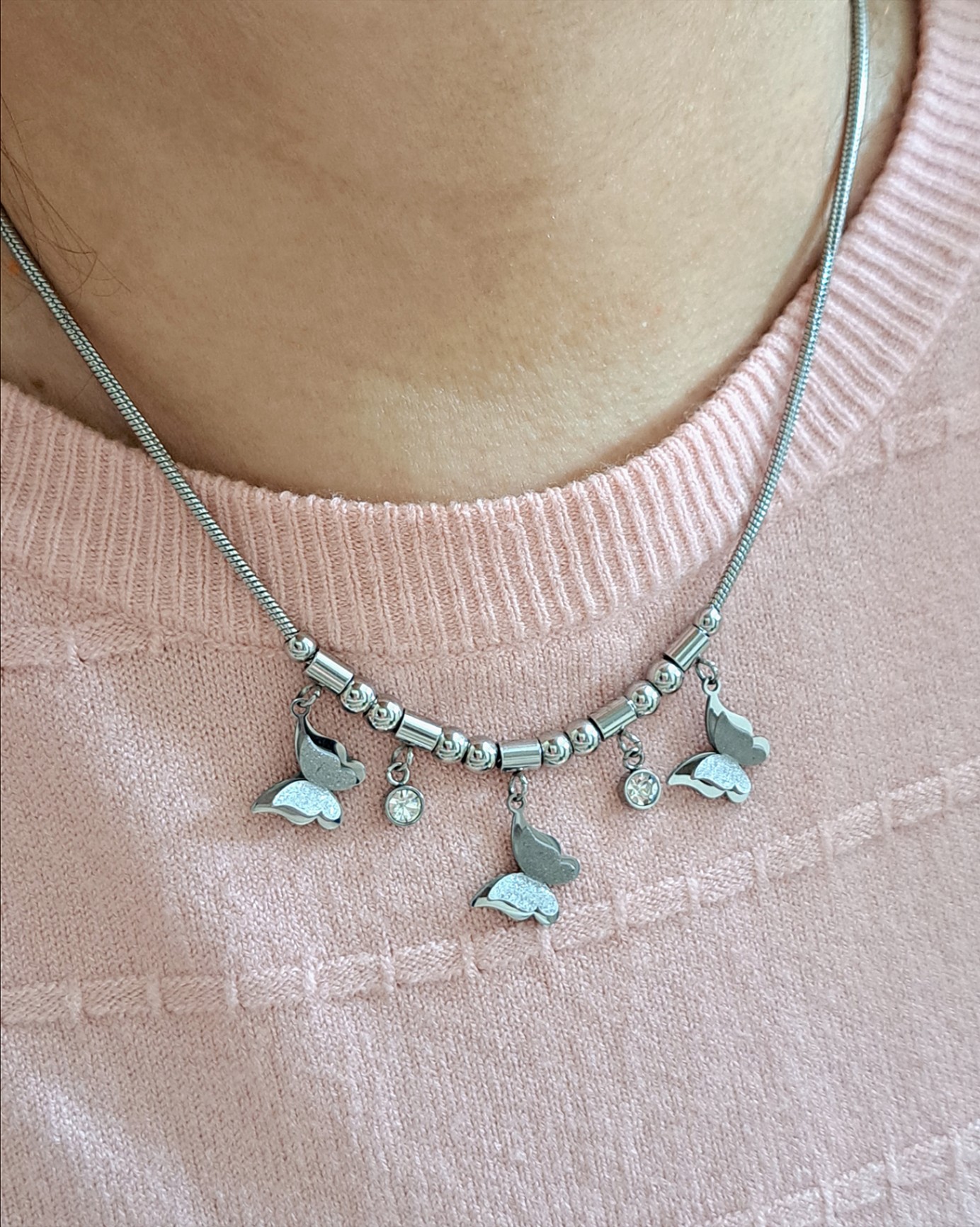 Foto de colar rabo de rato 3 borboletas aço inox Foto de colar rabo de rato 3 borboletas aço inox