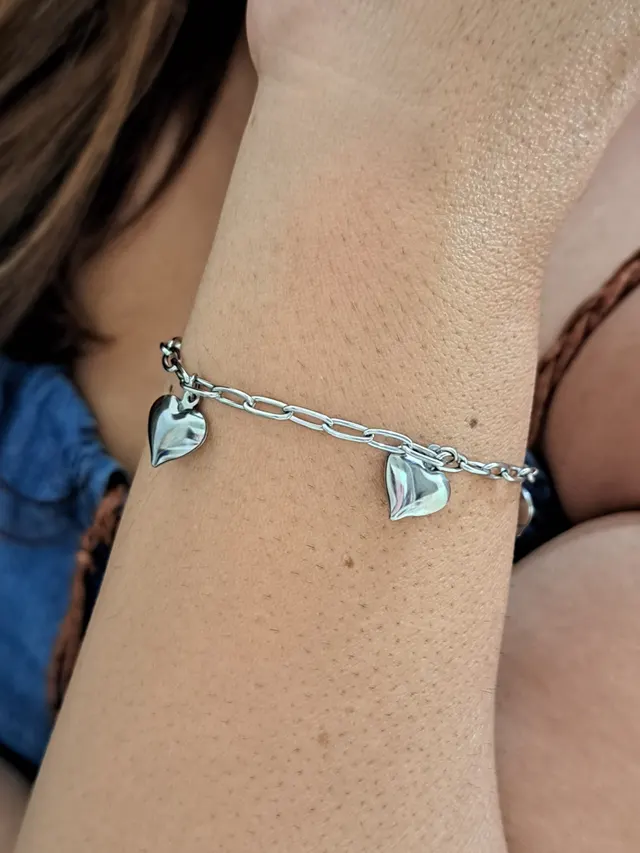 Foto de pulseira elos alongados 3 corações lisos Foto de pulseira elos alongados 3 corações lisos