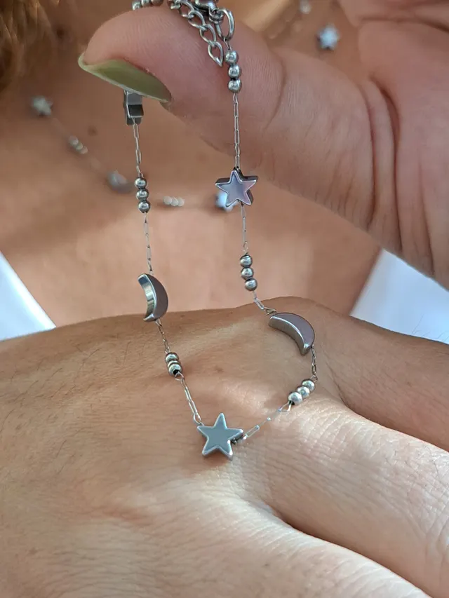 Foto de pulseira lua e estrela 3d em aço inox Foto de pulseira lua e estrela 3d em aço inox