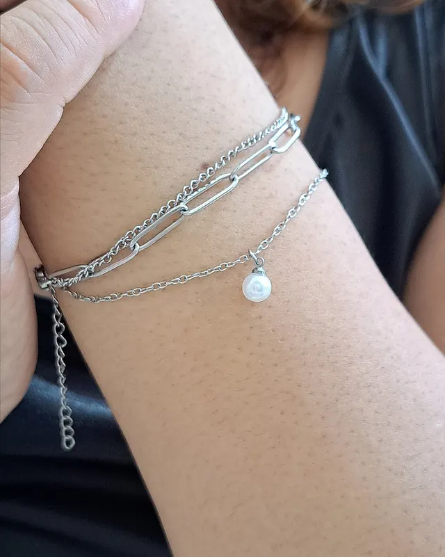 Foto de pulseira aço inox trio com uma pérola Foto de pulseira aço inox trio com uma pérola