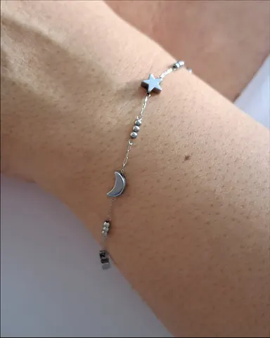 Foto de pulseira lua e estrela 3d em aço inox