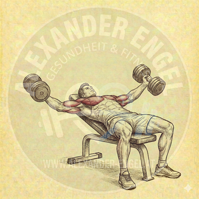 Fliegende auf der Schrägbank mit Kurzhanteln – Anatomische Darstellung einer Person auf einer Schrägbank, die Kurzhanteln in einer weiten Bogenbewegung über der oberen Brust zusammenführt.