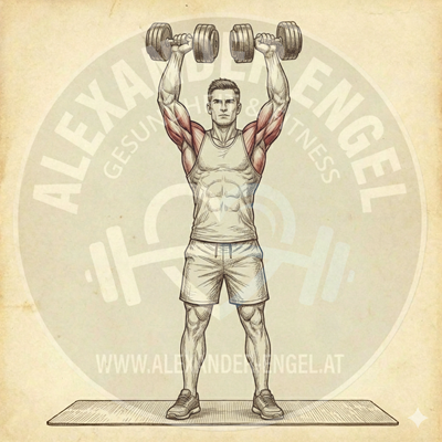 Kurzhantel Schulterdrücken stehend – Anatomische Darstellung einer Person im aufrechten Stand, die zwei Kurzhanteln vertikal über den Kopf drückt und dabei Schultern und Trizeps aktiviert.