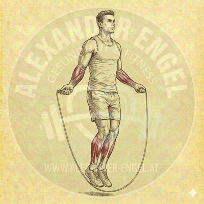 Seilspringen (Jump Rope) – Anatomische Darstellung einer Person beim dynamischen Sprung über ein Seil, wobei der Fokus auf der Aktivierung der Waden und der aufrechten Haltung liegt.