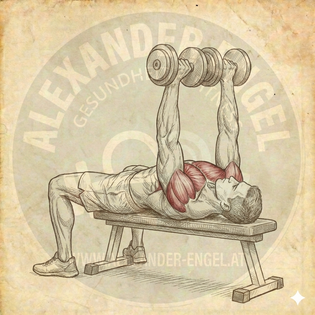 Kurzhanteldrücken auf der Flachbank – Eine Person liegt auf einer Flachbank und drückt zwei Kurzhanteln kontrolliert nach oben, um die Brustmuskulatur zu trainieren.