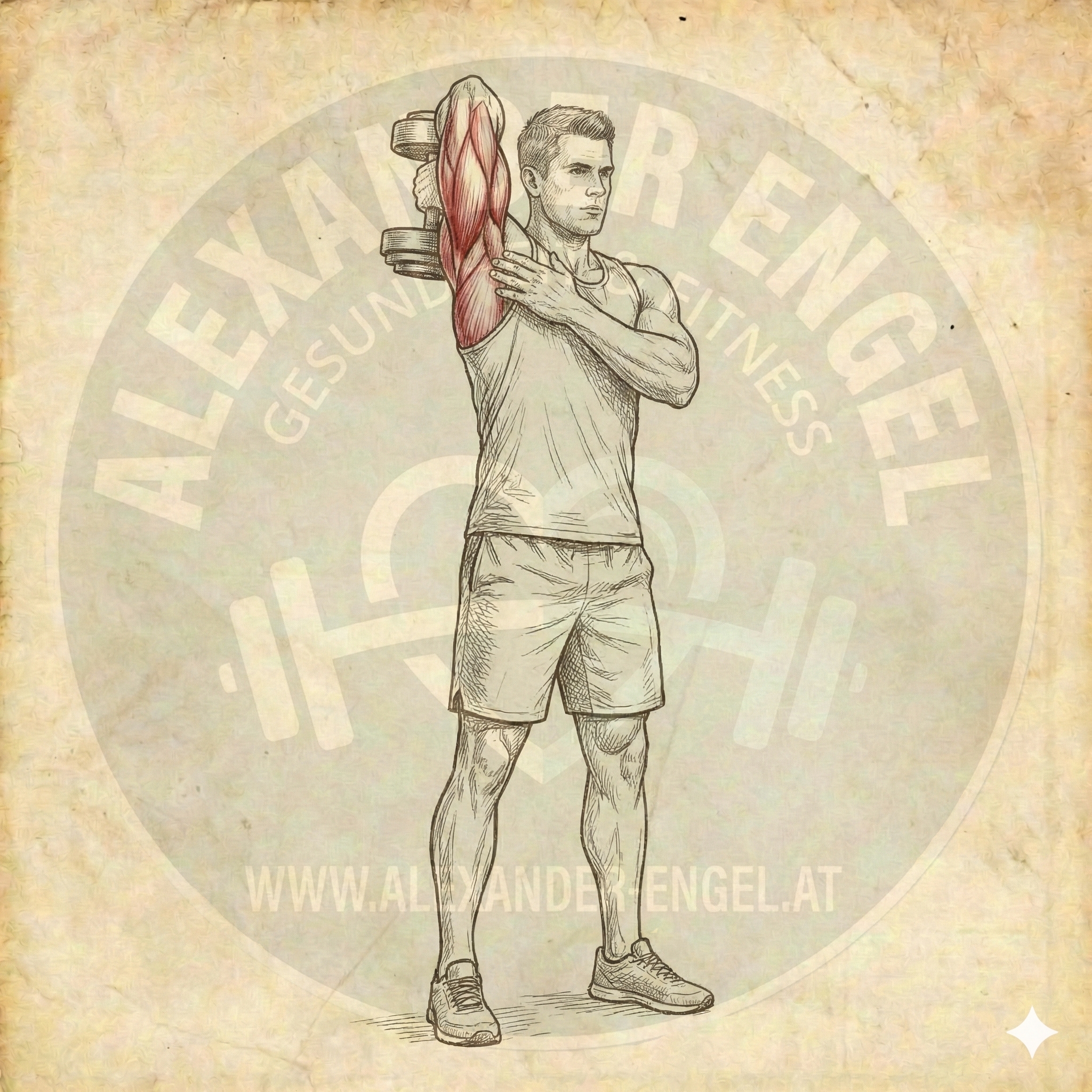 Einarmiges Trizepsdrücken mit Kurzhantel über Kopf – Eine Person im Stand führt eine Kurzhantel hinter den Kopf und streckt den Arm anschließend vertikal nach oben, um den Trizeps zu isolieren.