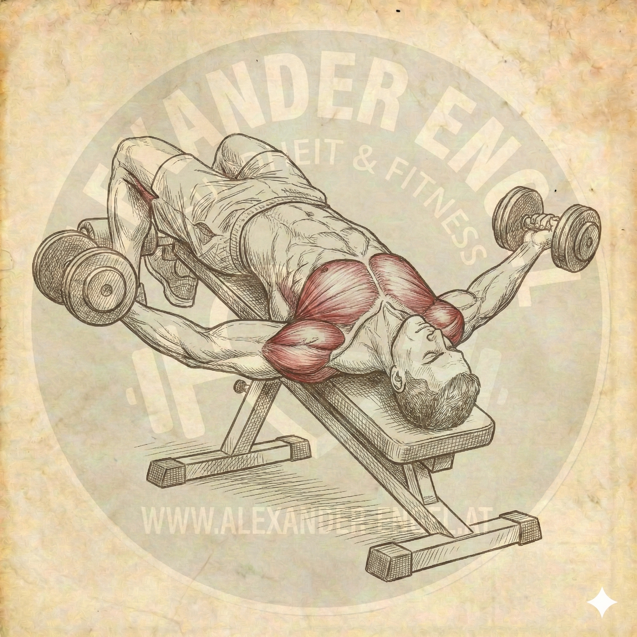 Fliegende auf der Negativbank mit Kurzhanteln – Eine Person liegt auf einer nach unten geneigten Bank und trainiert die untere Brustmuskulatur durch eine weite, bogenförmige Flugbewegung der Arme.