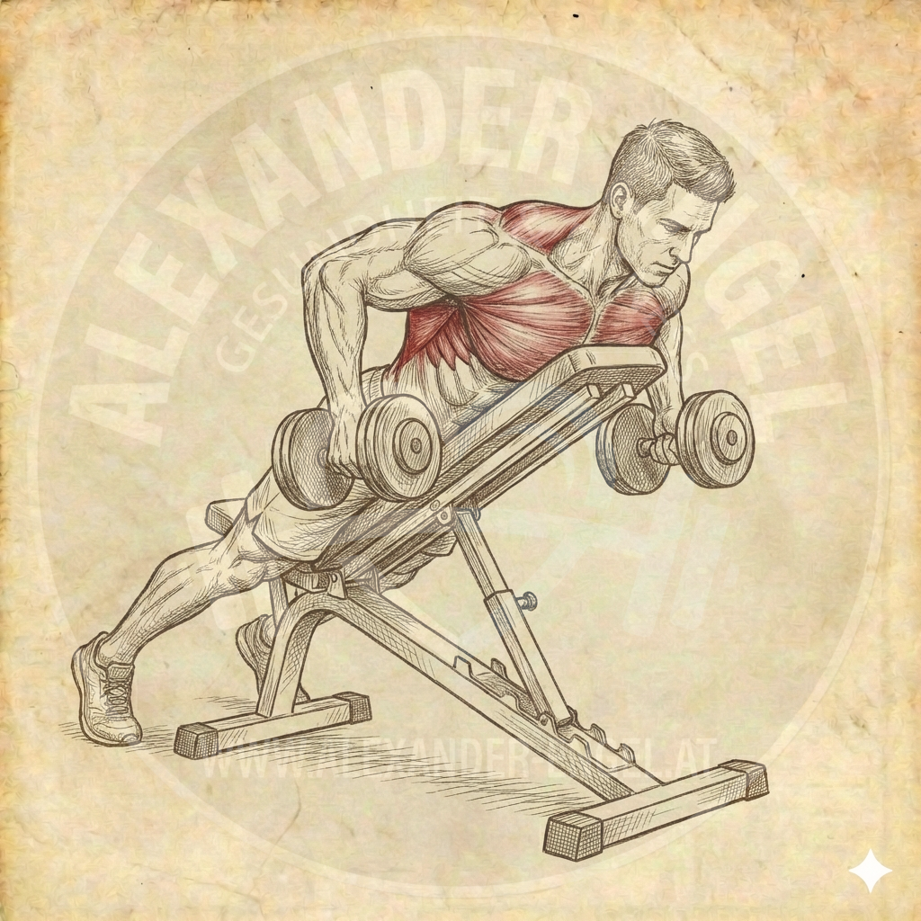 Kurzhantelrudern auf der Schrägbank – Eine Person liegt bäuchlings auf einer Schrägbank und zieht Kurzhanteln aktiv nach oben, um den Trapezmuskel und den Latissimus zu trainieren.