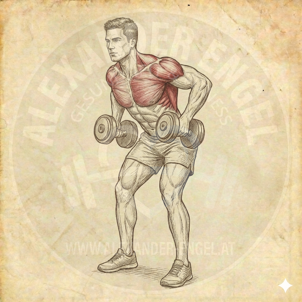 Kurzhantelrudern stehend vorgebeugt – Eine Person in stabiler Vorbeuge zieht zwei Kurzhanteln gleichzeitig Richtung Hüfte, wobei die Rückenmuskulatur deutlich angespannt ist.