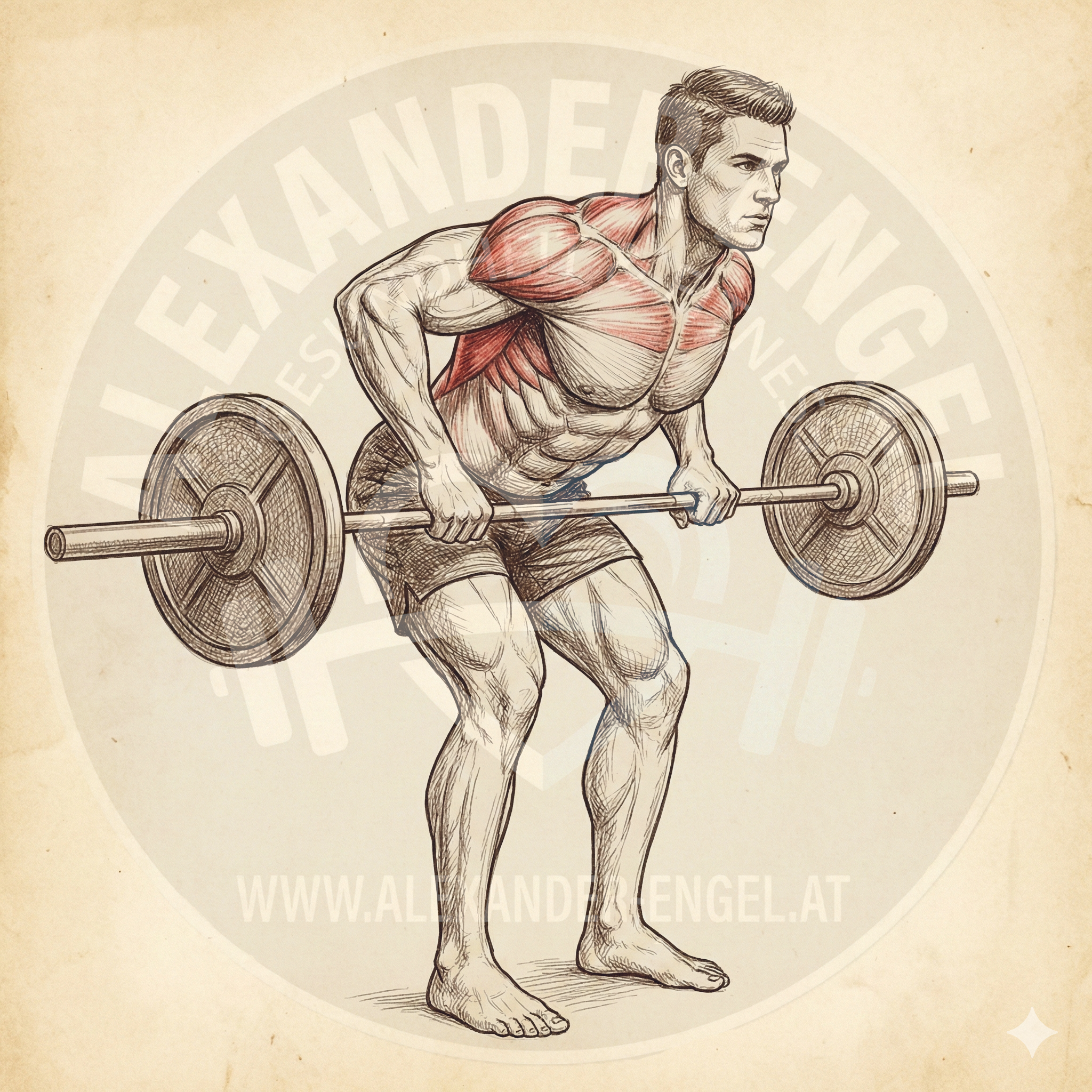 Langhantelrudern vorgebeugt – Anatomische Darstellung einer Person in vorgebeugter Haltung, die eine Langhantel zum Bauch zieht und dabei die Rückenmuskulatur aktiviert.