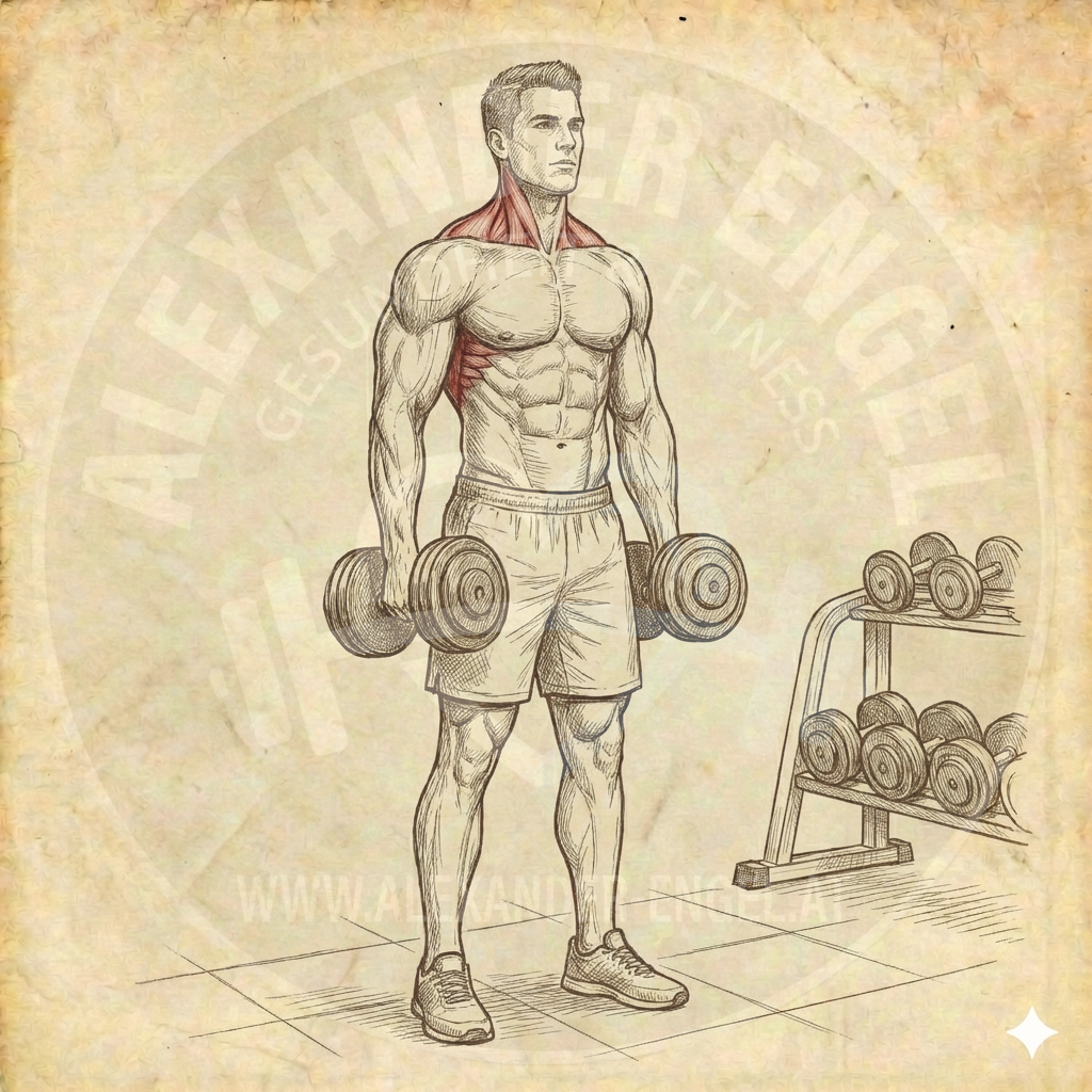 Schulterheben mit Kurzhanteln (Shrugs) – Anatomische Darstellung einer Person im Stand, die die Schultern vertikal nach oben zieht, um den Trapezmuskel (Nacken) zu trainieren.