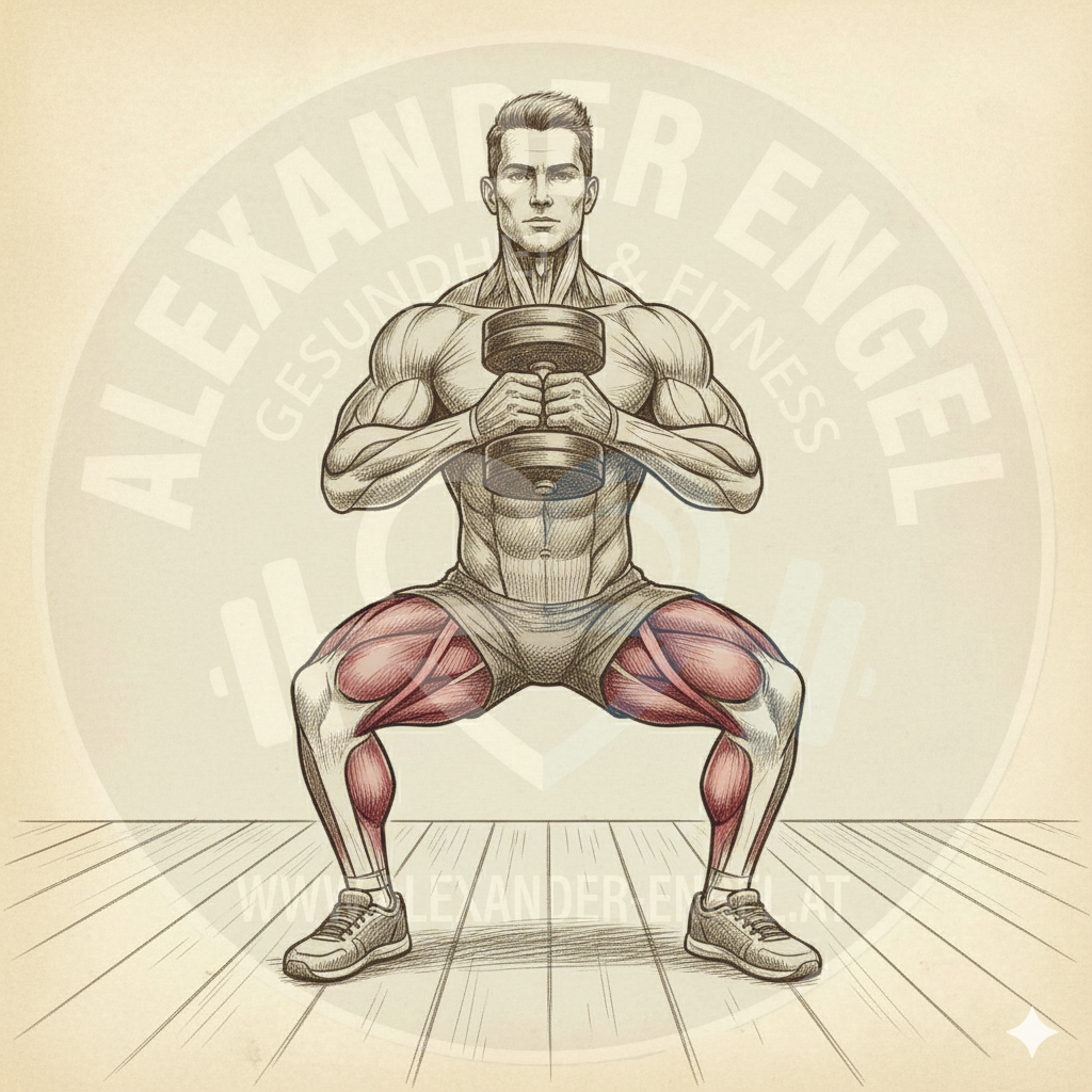 Squat mit Kurzhantel – Anatomische Darstellung einer Person, die eine Kniebeuge ausführt, während sie eine Kurzhantel vor der Brust hält. Markiert sind die Oberschenkel- und Gesäßmuskulatur.