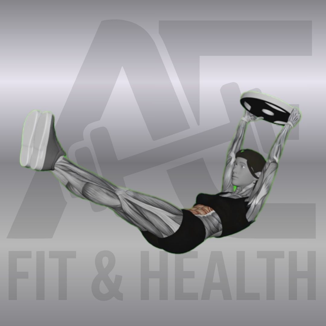 Hollow Hold mit Hantelscheibe – Anatomische Darstellung einer Person in der Schiffchen-Position, die eine Hantelscheibe mit gestreckten Armen hinter dem Kopf hält und die gesamte Bauchmuskulatur statisch anspannt.