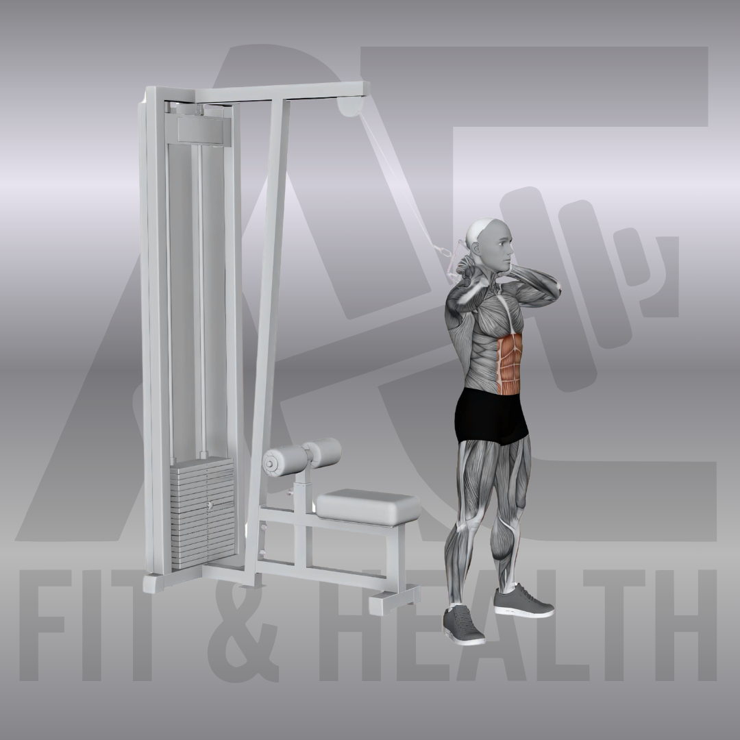 Stehende Crunches am Kabelzug – Eine Person steht mit dem Rücken zum Seilzuggerät und rollt den Oberkörper unter Last ein, um die geraden Bauchmuskeln zu trainieren.