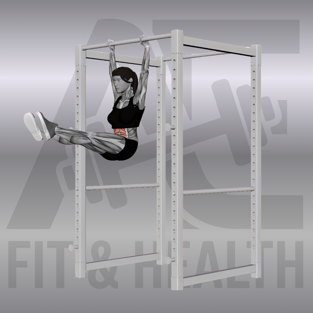 Beinheben hängend (Hanging Leg Raise) – Eine Person hängt an einer Klimmzugstange und hebt die gestreckten Beine kontrolliert in die Horizontale, um die Bauchmuskeln zu trainieren.