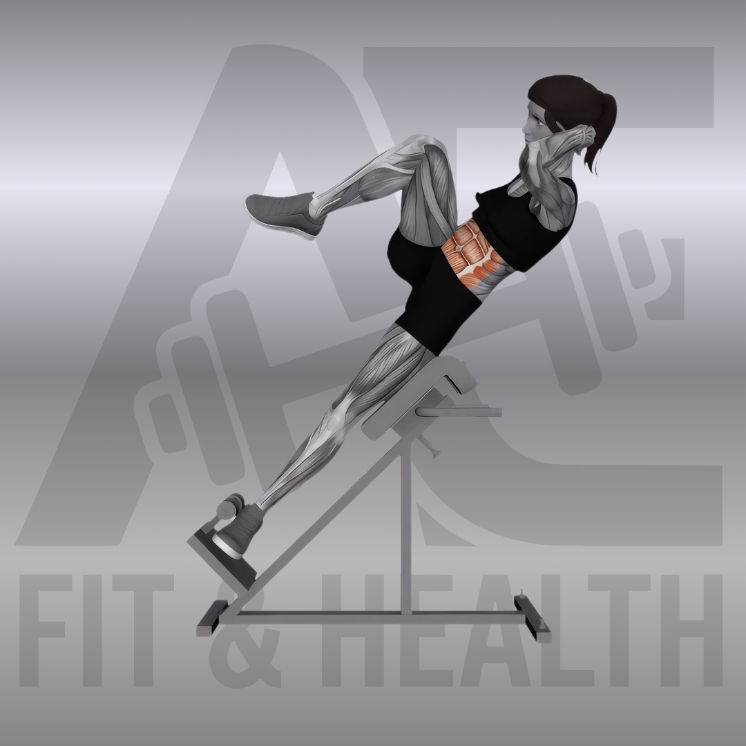 Seitlicher Bicycle-Crunch auf dem Roman Chair – Eine Person in Seitenlage auf der römischen Liege führt Ellbogen und Knie zusammen, um die seitliche Rumpfmuskulatur dynamisch zu trainieren.