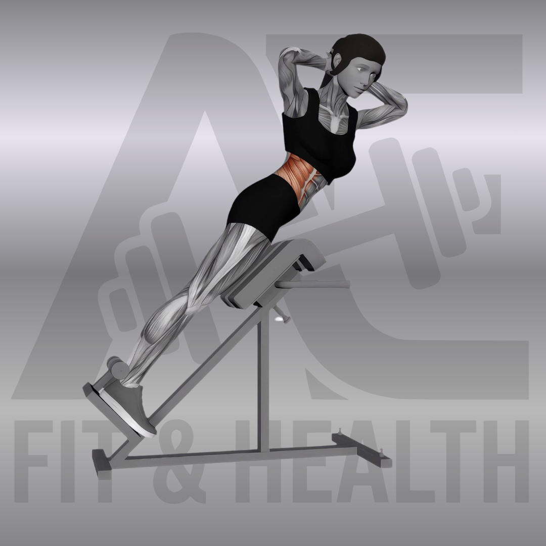 Rückenstrecken mit Rotation auf der 45-Grad-Bank – Person trainiert auf einer Hyperextensions-Bank den unteren Rücken und führt am höchsten Punkt eine Drehung des Oberkörpers zur Seite aus.