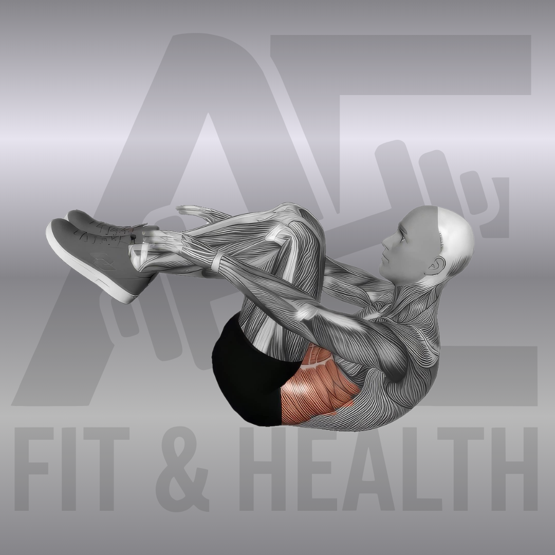 Fersenberühren (Heel Touches) – Anatomische Darstellung einer Person in Rückenlage, die den Oberkörper seitlich biegt, um abwechselnd die Fersen zu berühren und die schrägen Bauchmuskeln zu trainieren.