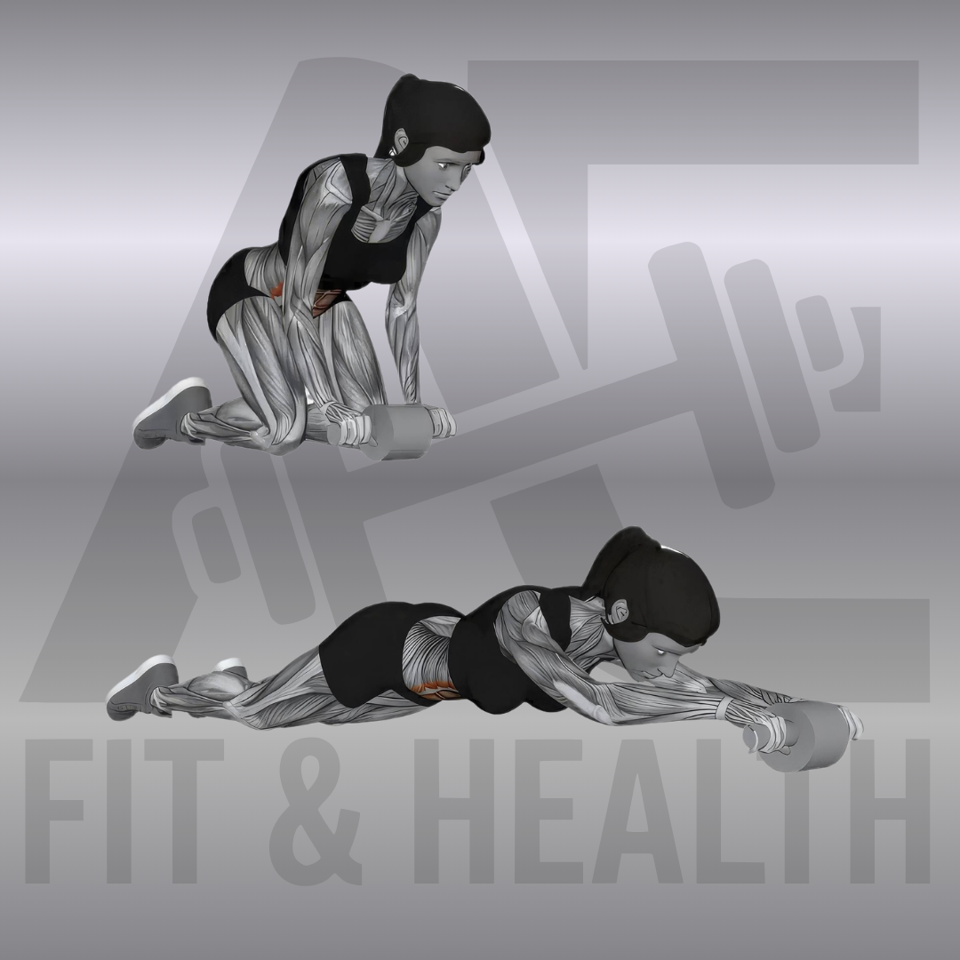 Bauchroller komplett ausgerollt (Ab Wheel Full Rollout) – Person rollt mit einem Bauchroller-Rad kontrolliert in die volle Streckung auf einer Trainingsmatte im Fitnessstudio oder Zuhause.