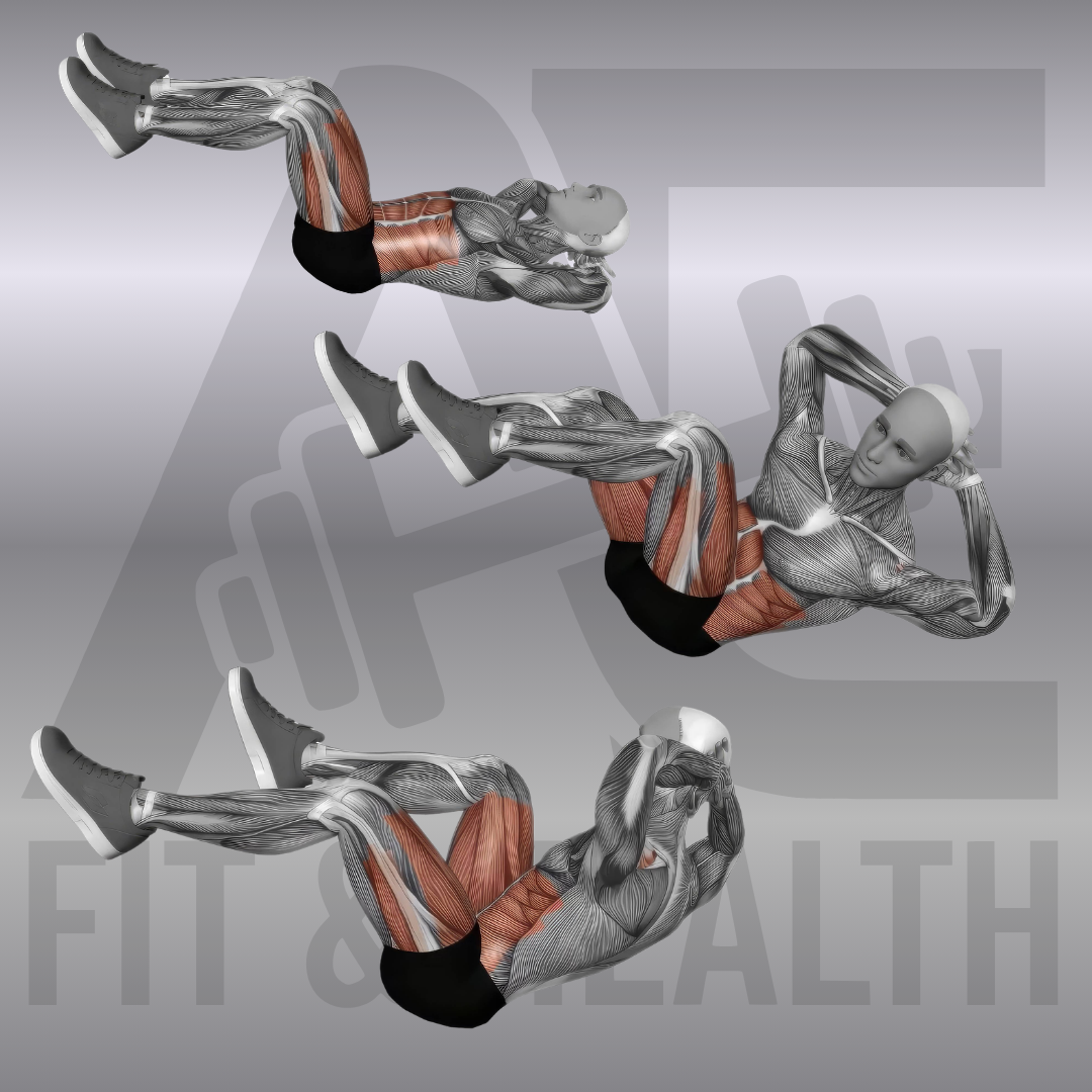 Fahrrad-Crunches (Bicycle Crunches) – Anatomische Darstellung einer Person in Rückenlage, die diagonal Ellbogen und Knie zusammenführt, um die schräge Bauchmuskulatur zu trainieren.