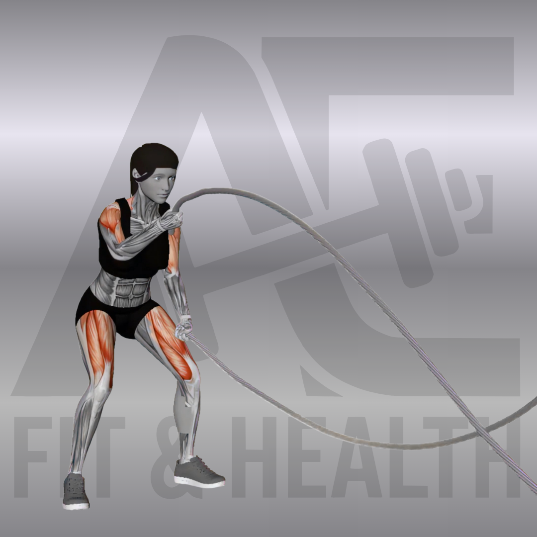 Übung Alternierende Wellen mit Schwungseil - Alternating Battle Rope Waves - Dynamisches Ganzkörpertraining und Core-Übung im Fitnessstudio.