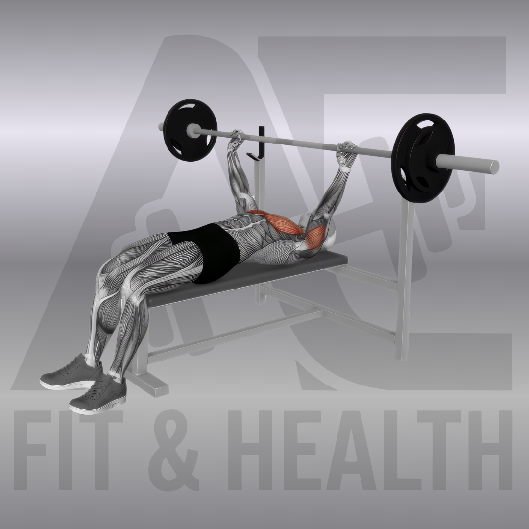 Bankdrücken mit Langhantel (Barbell Flat Bench Press) – Person liegt flach auf einer Hantelbank im Fitnessstudio und drückt eine beladene Langhantel kontrolliert von der Brust nach oben.