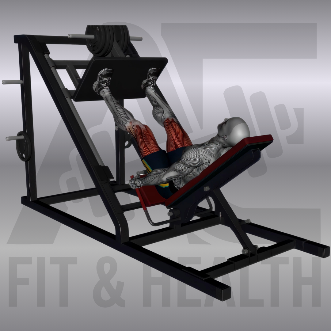 Beinpresse breiter Stand (Wide Stance Leg Press) – Person sitzt in einer Beinpresse im Fitnessstudio und drückt die Plattform mit weit auseinander liegenden Füßen kontrolliert nach oben.