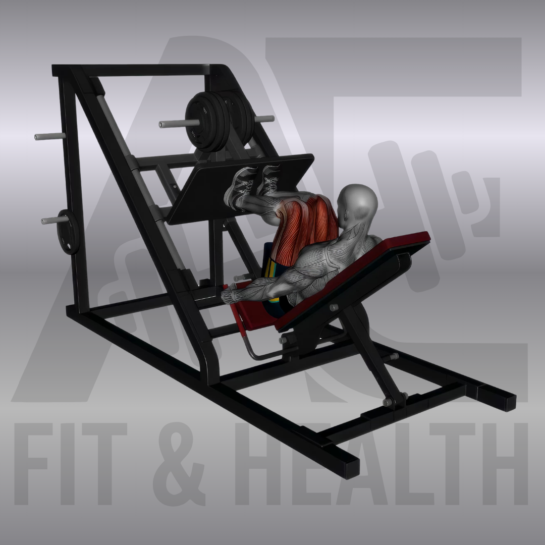 Beinpresse enger Stand (Narrow Stance Leg Press) – Person sitzt in einer Beinpresse im Fitnessstudio und drückt die Plattform mit eng zusammenstehenden Füßen kontrolliert nach oben.